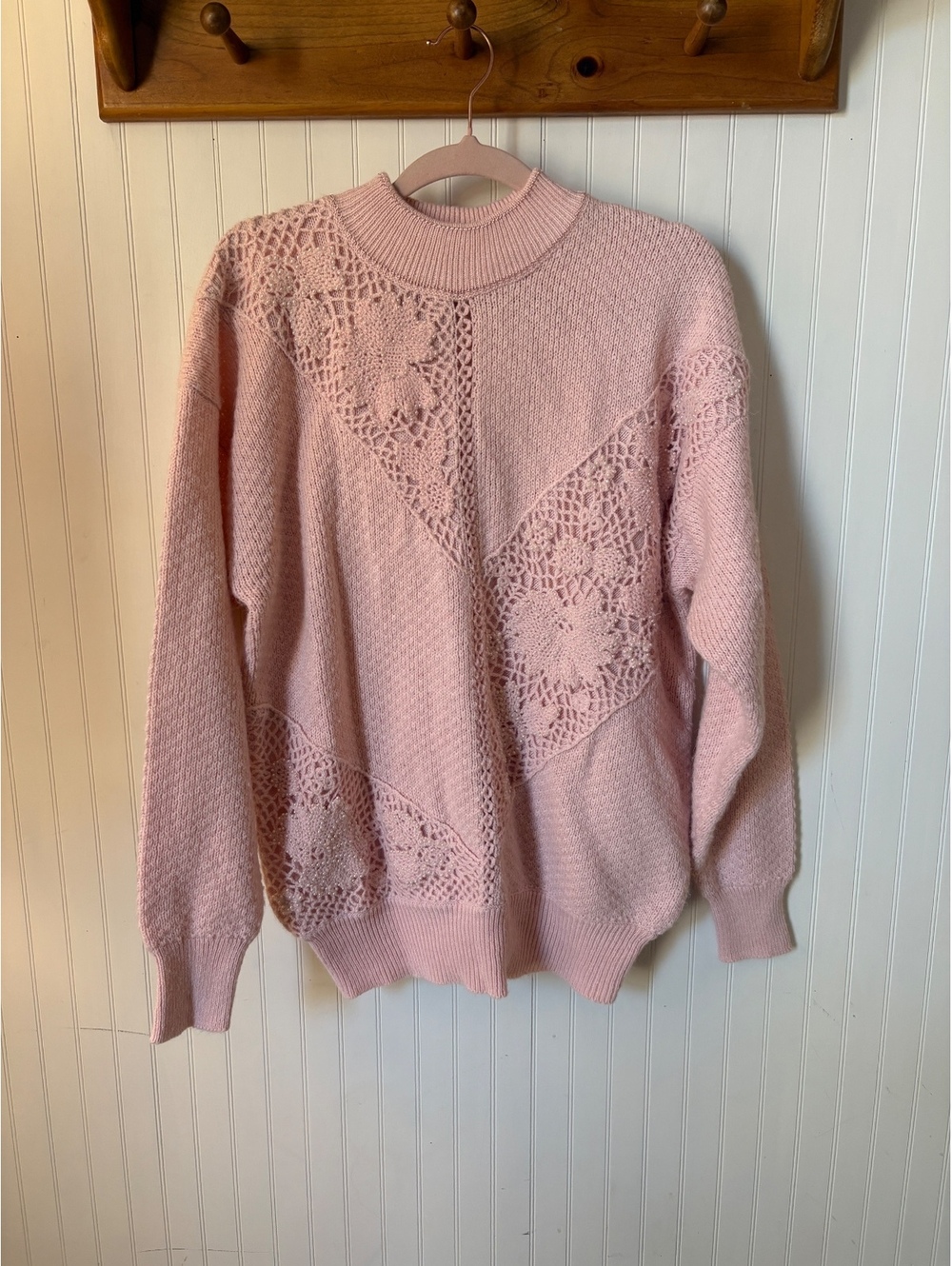 Vintage Pink Beaded Crochet Knit Sweater Jaclyn Smith size L